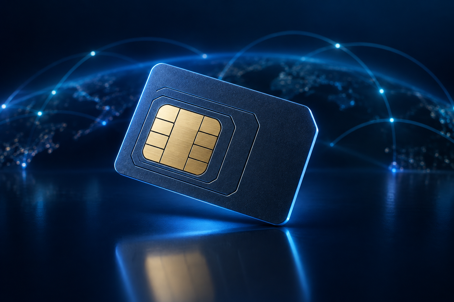 Consumer SIM card with gold contacts and blue connectivity visualization